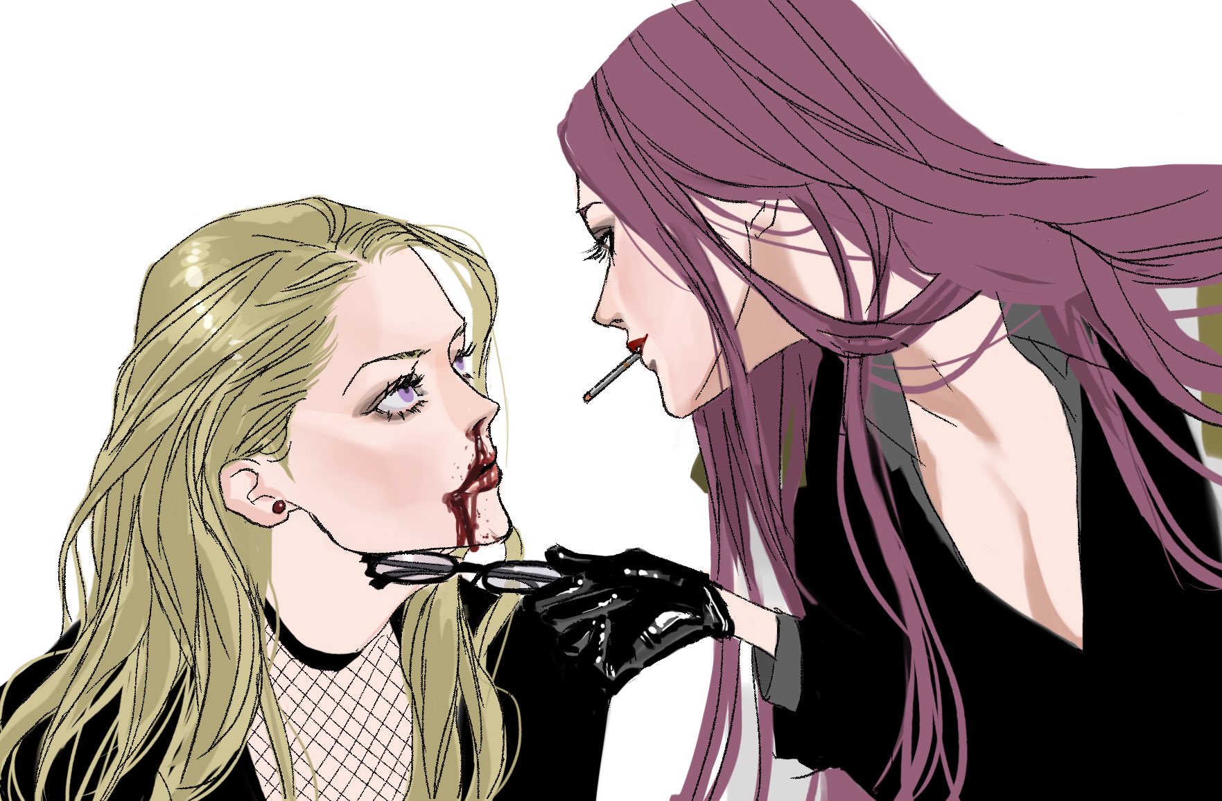2girls black_suit blonde_hair blood blood_on_face cigarette commentary_request eye_contact fishnet_top fishnets formal_clothes glasses highres hina_(one_piece) kalifa_(one_piece) long_hair looking_at_another multiple_girls one_piece pink_hair popsweetyio red_lips simple_background suit white_background