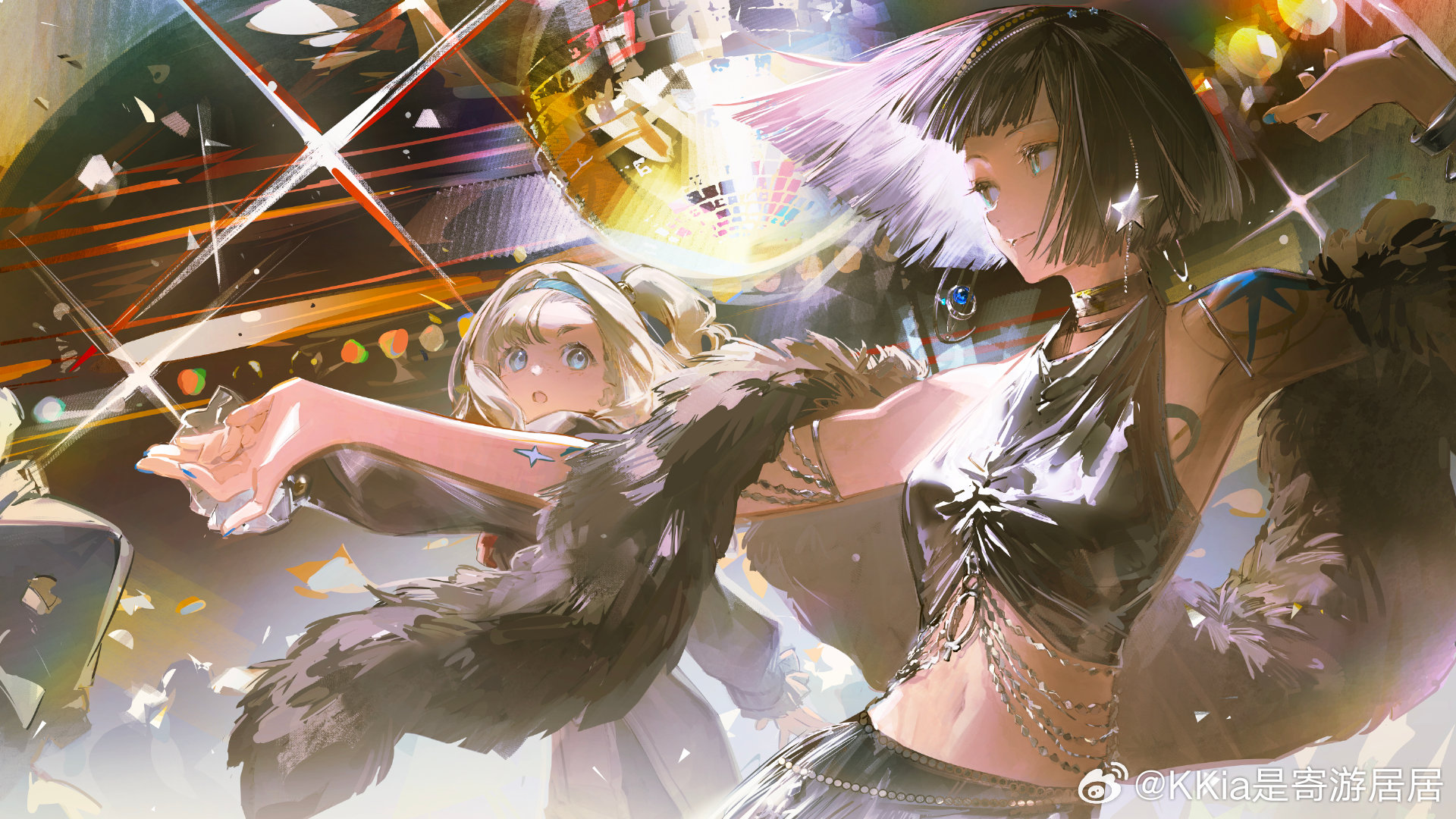 2girls alternate_costume bar_(place) bare_arms bare_shoulders beads black_collar black_hair black_scarf black_shirt black_skirt blonde_hair blue_eyes blue_hairband blue_nails blunt_bangs blunt_ends bob_cut breast_tattoo breasts chain character_request chinese_commentary closed_mouth collar commentary_request cowboy_shot crescent_tattoo crop_top dancing disco_ball earrings eyelashes fog frilled_sleeves frills fur_scarf hair_beads hair_ornament hairband highres indoors jewelry kkia long_sleeves looking_at_another matilda_bouanich medium_breasts multiple_girls nail_polish navel o-ring one_side_up open_mouth outstretched_arm puffy_long_sleeves puffy_sleeves reverse:1999 scarf shirt short_hair shoulder_tattoo skirt sleeveless sleeveless_shirt smile sparkle star_(symbol) star_hair_ornament star_tattoo stomach tattoo teeth upper_teeth_only watermark weibo_watermark