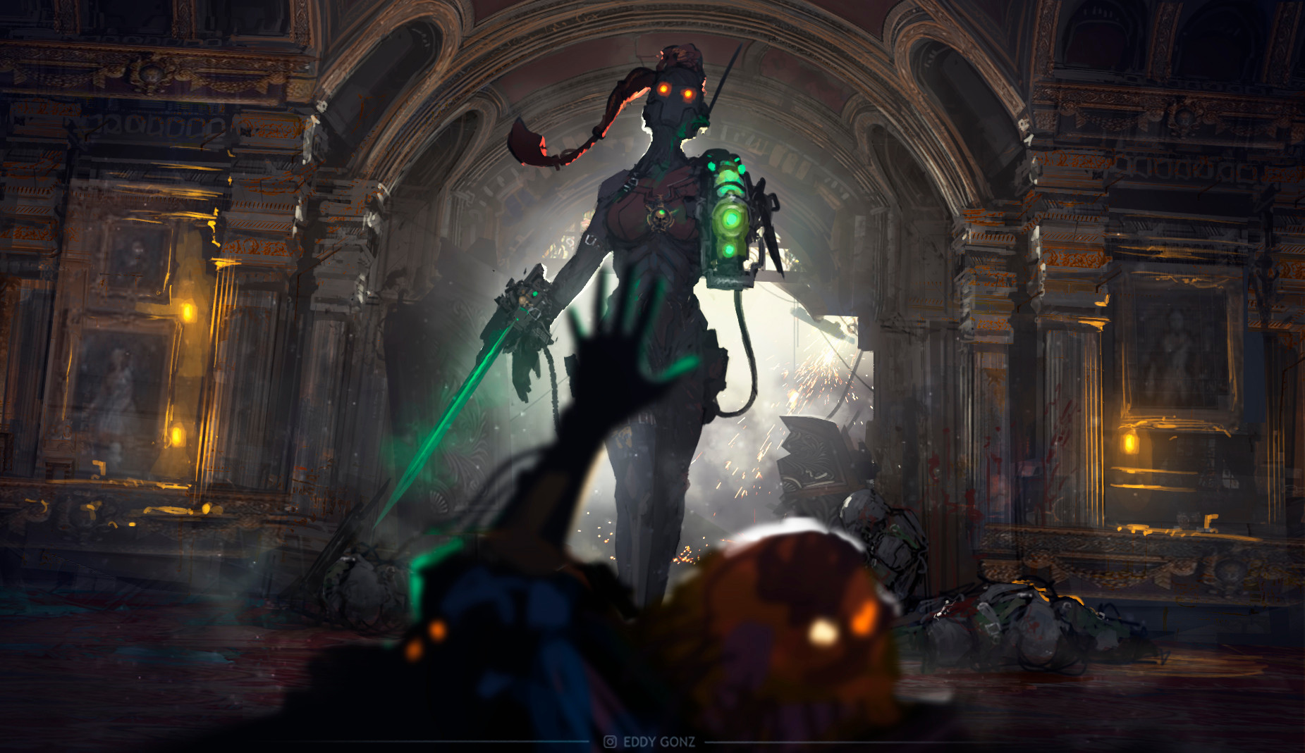1boy 1girl artist_name assassin assassination black_bodysuit bodysuit callidus_assassin eddygonzlezdvila glowing glowing_eyes glowing_sword glowing_weapon highres instagram_logo instagram_username long_hair officio_assassinorum ponytail power_sword reaching reaching_towards_another red_eyes red_hair skull skull_ornament warhammer_40k weapon