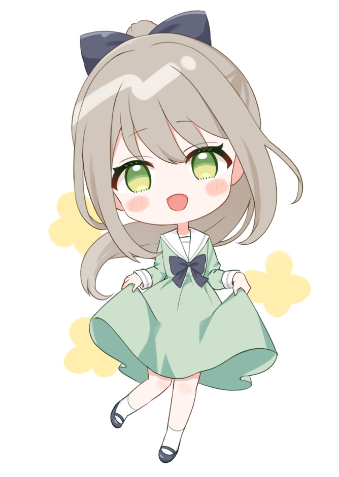 1girl black_bow black_bowtie black_shoes blush_stickers bow bowtie chibi chibi_only dress full_body furutori green_dress green_eyes grey_hair hair_bow long_hair looking_at_viewer mary_janes open_mouth original ponytail sailor_collar sailor_dress school_uniform shoes simple_background skirt_hold smile socks solo standing standing_on_one_leg white_background white_sailor_collar white_socks