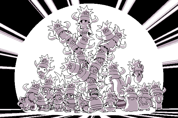 bulbasaur castform castform_(normal) croagunk ditto eevee gen_1_pokemon gen_2_pokemon gen_3_pokemon gen_4_pokemon jigglypuff lickilicky luvdisc monochrome nintendo no_humans paul_robertson pixel_art pokemon pokemon_(creature) purple_theme raichu remoraid shellder skitty slowbro slowking whismur