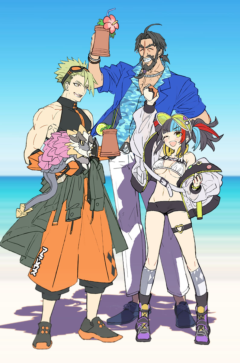 1girl 2boys achilles_(fate) achilles_(fearless_diver)_(fate) badge bare_shoulders beard bikini black_hair black_shorts blouse blue_hair blue_shirt blush bracer breasts button_badge camouflage cleavage edward_teach_(fate) edward_teach_(midsummer_gentleman)_(fate) facial_hair fate/apocrypha fate/grand_order fate_(series) fearless_diver_(fate) goggles goggles_on_head green_headwear headphones headphones_around_neck highres jacket large_breasts long_hair long_sleeves looking_at_viewer multicolored_hair multiple_boys mustache navel off_shoulder open_clothes open_jacket open_mouth red_hair sei_shounagon_(fate) sei_shounagon_(swimsuit_berserker)_(fate) sei_shounagon_(swimsuit_berserker)_(first_ascension)_(fate) shirt short_hair short_shorts shorts sidelocks smile swimsuit thigh_strap thighs twintails visor_cap wada_arco white_bikini white_jacket yellow_eyes