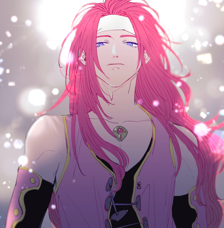1boy bare_shoulders black_shirt blue_eyes closed_eyes collarbone curtained_hair detached_sleeves emushino gem headband light_frown light_particles long_hair looking_to_the_side male_focus pink_vest red_gemstone red_hair shirt sideways_glance sleeveless solo tales_of_(series) tales_of_symphonia upper_body vest white_headband yellow_trim zelos_wilder