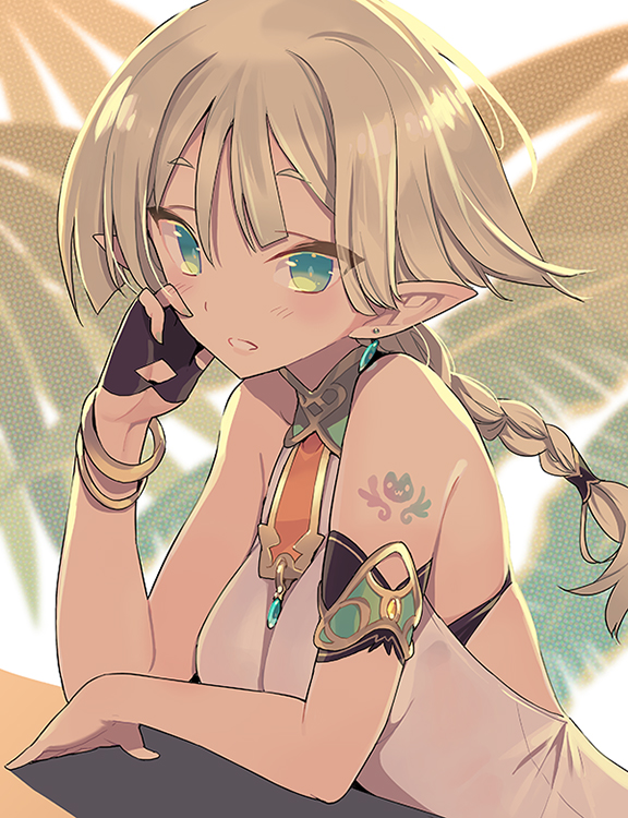 1girl alternate_hairstyle bare_shoulders blade_(galaxist) blonde_hair blue_eyes blush braid braided_ponytail breasts earrings elf female_focus fingerless_gloves gloves jewelry kris_bernal long_hair looking_at_viewer medium_breasts parted_lips pointy_ears pop-up_story shade single_braid single_glove smile solo upper_body