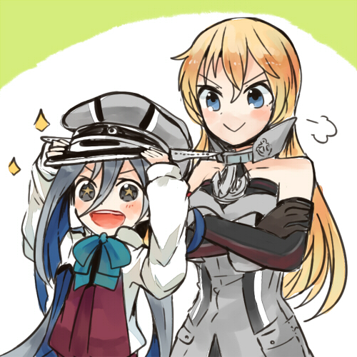 2girls bare_shoulders bismarck_(kancolle) blonde_hair blue_eyes bow bowtie breasts detached_sleeves grey_hair hair_ribbon hat itomugi-kun kantai_collection kiyoshimo_(kancolle) long_hair long_sleeves lowres medium_breasts military military_hat military_uniform multiple_girls open_mouth peaked_cap ribbon school_uniform shirt skirt smile star-shaped_pupils star_(symbol) symbol-shaped_pupils twintails unworn_headwear very_long_hair vest