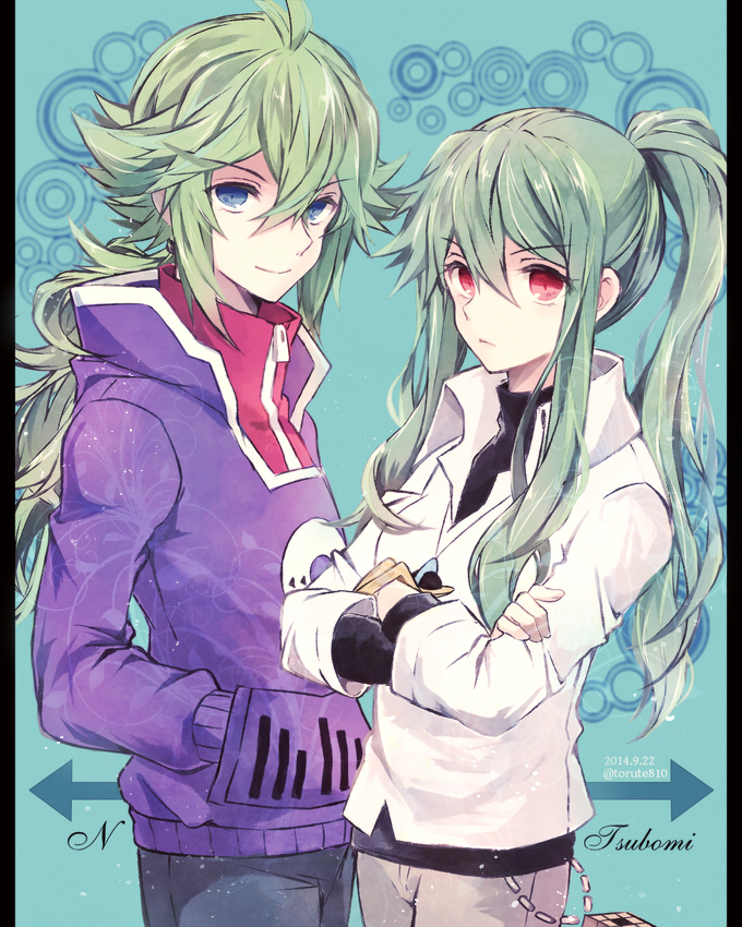 1boy 1girl 2014 alternate_costume bad_id bad_pixiv_id blue_eyes cosplay costume_switch cowboy_shot crossover dated green_hair kabocha_torute kagerou_project kido_tsubomi kido_tsubomi_(cosplay) long_hair n_(pokemon) n_(pokemon)_(cosplay) nintendo pokemon pokemon_bw ponytail red_eyes
