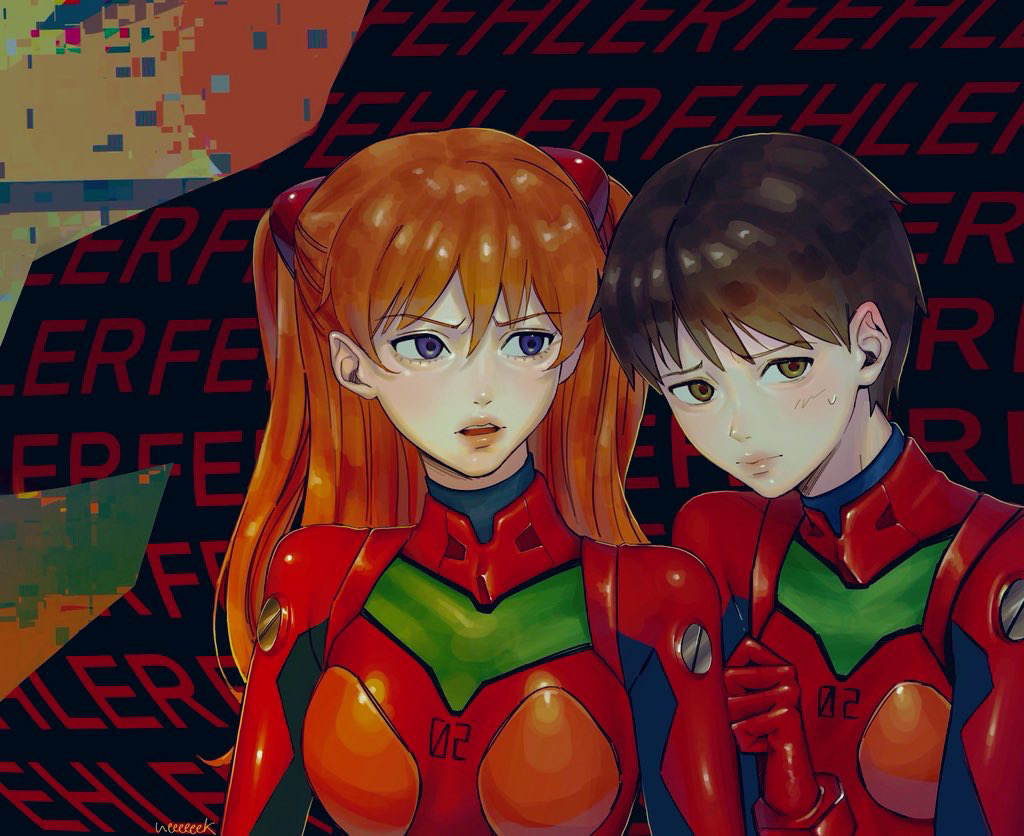 1boy 1girl adapted_costume artist_request black_hair blue_eyes blush bodysuit breasts cosplay crossdressing embarrassed hair_ornament ikari_shinji lips long_hair looking_at_another looking_at_viewer mecha_pilot_suit neon_genesis_evangelion open_mouth parted_lips plugsuit_(evangelion) red_bodysuit shiny_clothes shiny_skin short_hair skin_tight souryuu_asuka_langley souryuu_asuka_langley_(cosplay) trap two_side_up upper_body