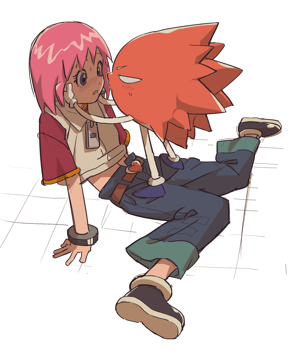 1boy 1girl beauty_(bobobo-bo_bo-bobo) belt black_footwear blue_eyes blue_pants blush bobobo-bo_bo-bobo bracelet brown_belt cropped_jacket don_patch embarrassed hands_on_another&#039;s_face hetero highres interspecies jacket jewelry maiko_(setllon) midriff pants parted_lips pink_hair short_hair white_jacket zipper_pull_tab