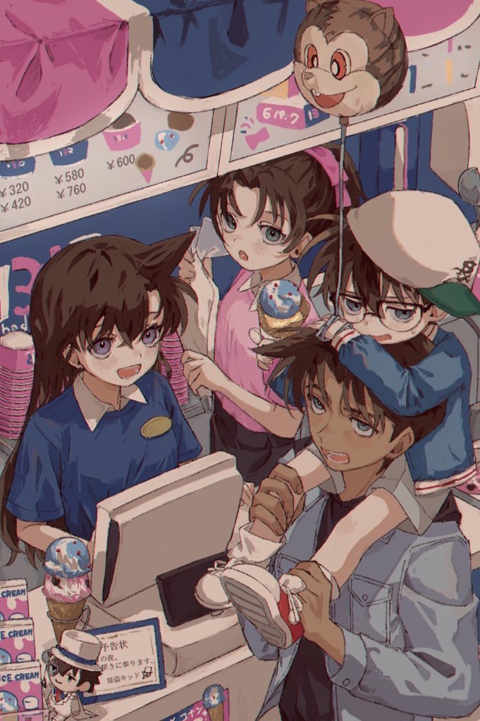 2boys 2girls balloon baskin-robbins blue_eyes breasts brown_hair carrying cashier character_request child edogawa_conan food green_eyes hairband hat ice_cream long_hair medium_hair meitantei_conan multiple_boys multiple_girls open_mouth piggyback purple_eyes red_footwear small_breasts stuffed_toy teeth tomoja_rs