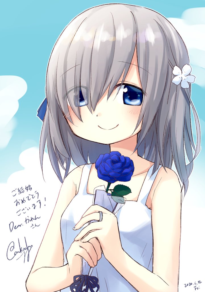 1girl alternate_costume bare_shoulders blue_eyes blue_flower blue_rose blue_sky closed_mouth commentary_request dot_nose eyes_visible_through_hair flower grey_hair hair_flower hair_ornament hair_over_one_eye hands_up holding holding_flower isuzu_ren itou_(ankocha-mgmg) looking_at_viewer magia_record:_mahou_shoujo_madoka_magica_gaiden mahou_shoujo_madoka_magica rose short_hair signature sky smile solo translation_request upper_body