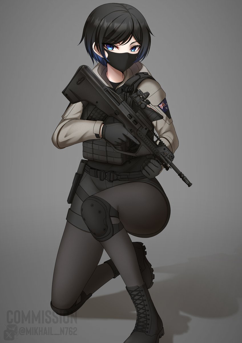 assault_rifle australian_flag avee_(silent_kookaburra) blue_eyes boots bullpup gun mask mikhail_n762 military multicolored_hair original pantyhose rifle short_hair shorts steyr_aug tactical_clothes trigger_discipline weapon