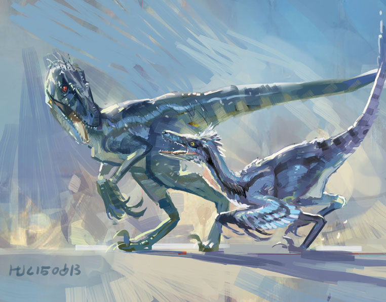 animal blue_theme claws dinosaur feathers gradient_background hjl no_humans original raptor reptile tail velociraptor