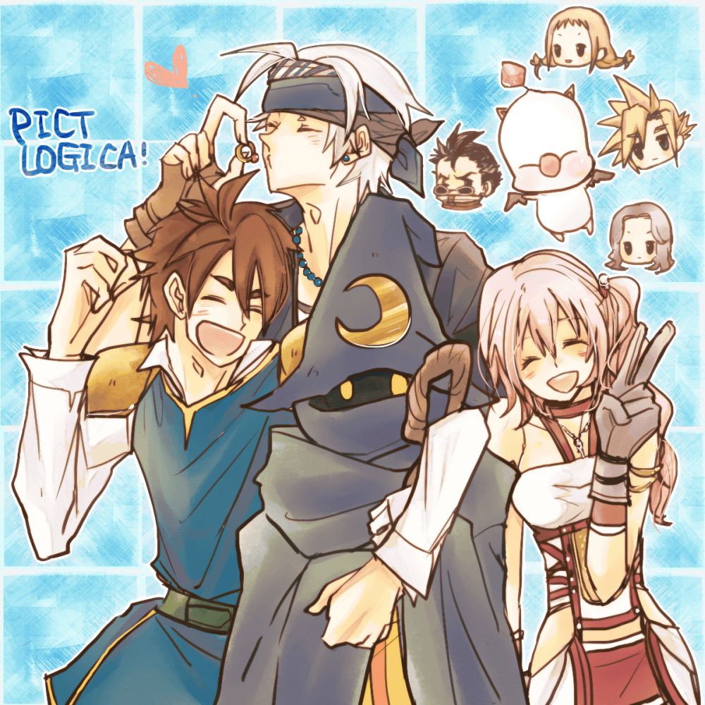 00s 10s 1980s_(style) 1990s_(style) auron bandana bartz_klauser black_mage_(final_fantasy) brown_hair chibi closed_eyes cloud_strife final_fantasy final_fantasy_ii final_fantasy_v final_fantasy_vi final_fantasy_vii final_fantasy_x final_fantasy_xii final_fantasy_xiii hat image_sample jewelry locke_cole maria_(ff2) moogle multiple_boys multiple_girls oldschool penelo pink_hair pixiv_sample retro_artstyle ring serah_farron silver_hair smile yadoso