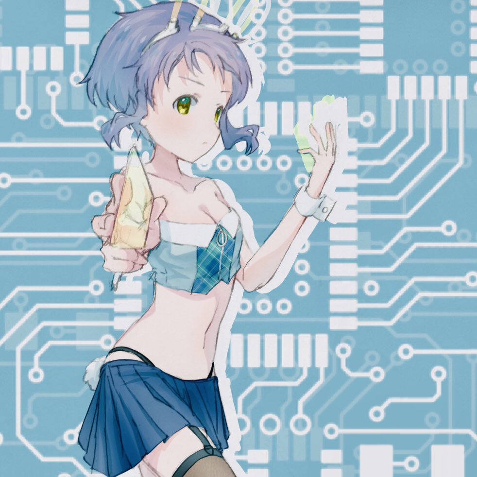 1girl bare_shoulders black_panties black_thighhighs blue_background blue_shirt blue_skirt breasts card circuit_board cleavage collarbone commentary_request cowboy_shot crop_top garter_straps highleg highleg_panties holding holding_card idolmaster idolmaster_million_live! idolmaster_million_live!_theater_days legs makabe_mizuki miniskirt navel panties pasta_million39 pleated_skirt purple_hair rabbit_ears_antenna serious shirt short_hair sidelocks skirt small_breasts solo standing stomach thighhighs thighs thong underwear yellow_eyes