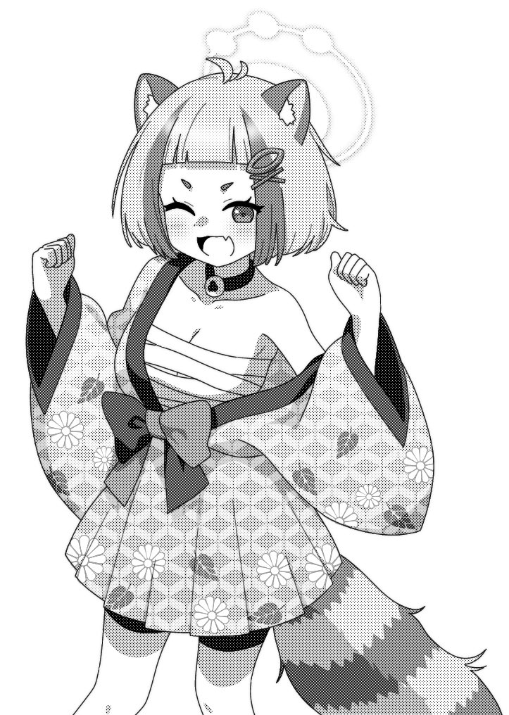 1girl animal_ears arata_(blue_archive) bike_shorts blue_archive blush breasts chest_sarashi choker cleavage fang feet_out_of_frame greyscale hair_ornament hairclip halo japanese_clothes ketsumaimo kimono long_sleeves medium_breasts monochrome one_eye_closed open_mouth raccoon_ears raccoon_tail sarashi short_hair skin_fang smile solo tail wide_sleeves x_hair_ornament