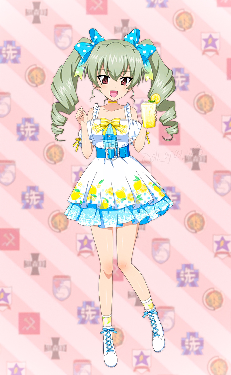 1girl alternate_costume anchovy_(girls_und_panzer) belt blue_belt blue_ribbon breasts commentary_request dress floral_print food fruit full_body girls_und_panzer girls_und_panzer_senshadou_daisakusen! glass happy highres lemon lemon_slice lemonade logo mint_leaf official_alternate_costume official_art ribbon shoes skirt smile soda standing twintails white_dress white_shoes yellow_ribbon