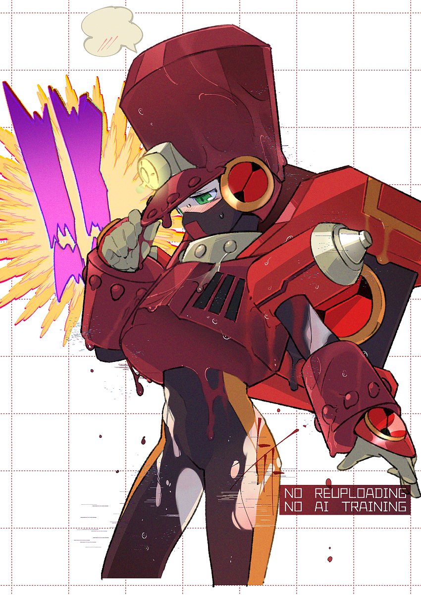 1boy blush bodysuit brown_armor brown_bodysuit brown_hat chargeman.exe cowboy_shot double_soul_(mega_man) gameplay_mechanics hat highres male_focus mega_man_(series) mega_man_battle_network_(series) megaman.exe simple_background solo to_i_to_io torn_bodysuit torn_clothes watermark wet white_background