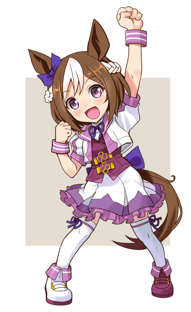 1girl :d animal_ears asymmetrical_footwear back_bow black_shoes black_vest blue_bow blue_ribbon bob_cut bow bow_legwear braid brown_hair clenched_hands commentary cropped_jacket crown_braid dress_shirt ear_ribbon frilled_skirt frills horse_ears horse_girl horse_tail jacket katahira_masashi looking_at_viewer miniskirt mismatched_footwear multicolored_hair neck_ribbon open_mouth pleated_skirt purple_eyes purple_ribbon raised_fist ribbon shirt shoes short_hair short_sleeves single_horizontal_stripe skirt smile solo special_week_(umamusume) standing tail thighhighs two-tone_hair umamusume vest white_hair white_jacket white_shirt white_shoes white_skirt white_thighhighs wristband
