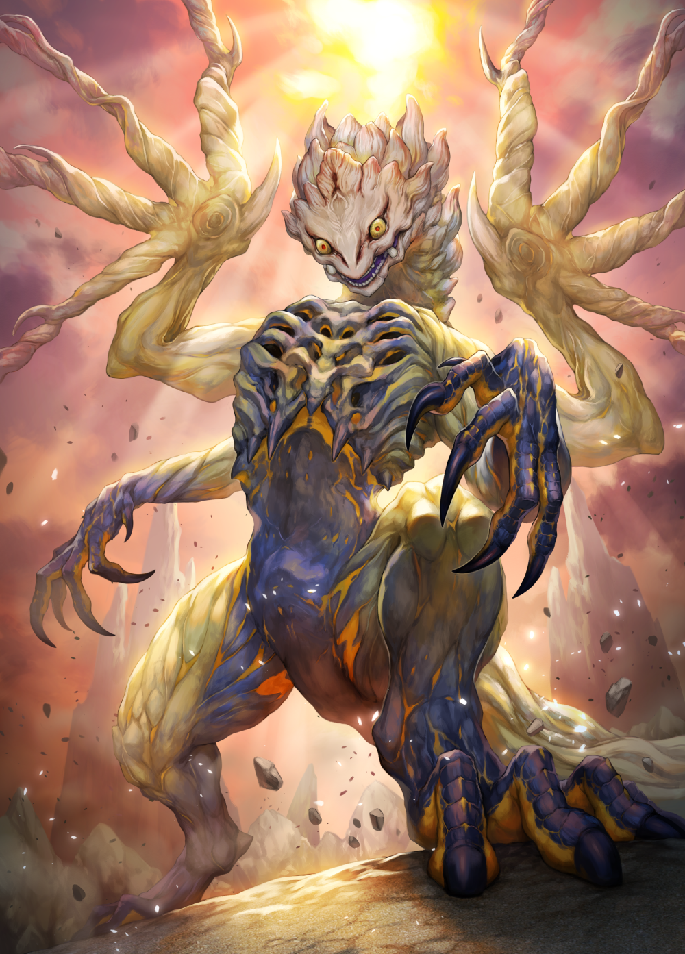 claws commentary_request debris highres kemonomichi_(blue_black) light_particles monster monster_hunter:_world monster_hunter_(series) monster_hunter_world:_iceborne no_humans open_mouth outdoors red_pupils shara_ishvalda solo sun yellow_eyes