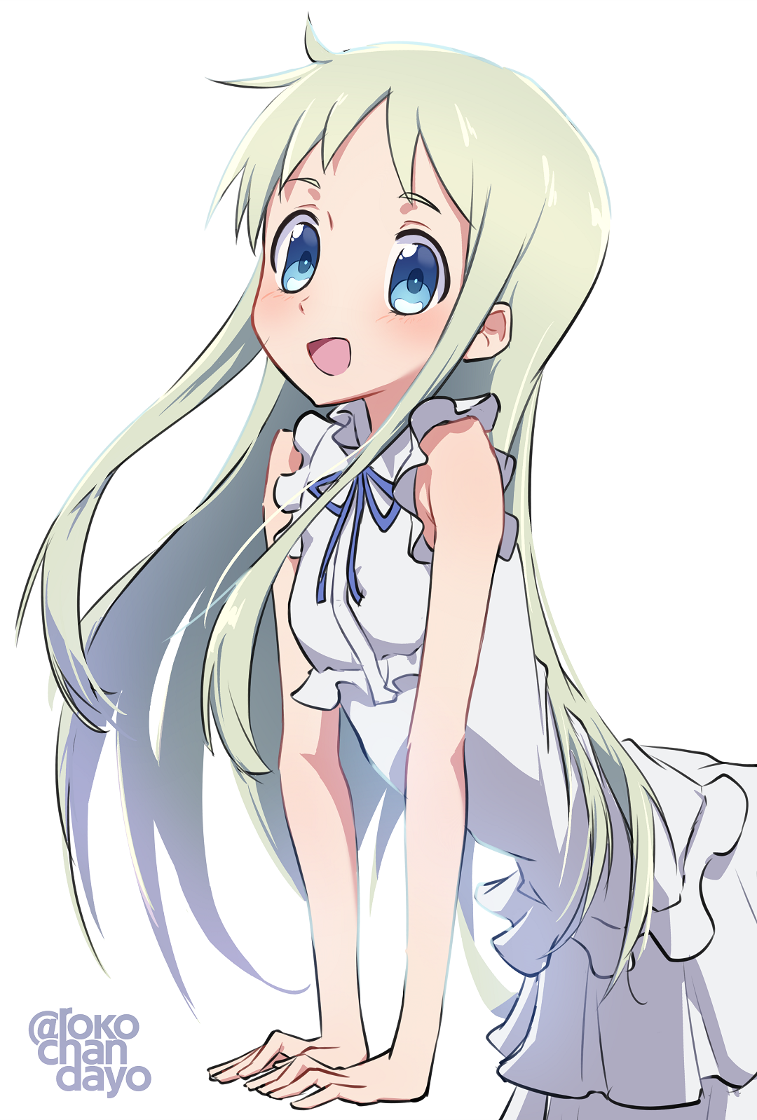 1girl ano_hi_mita_hana_no_namae_wo_bokutachi_wa_mada_shiranai. blue_eyes blue_ribbon commentary_request cowboy_shot dress highres honma_meiko long_hair looking_at_viewer neck_ribbon open_mouth ribbon rokochandayo simple_background sleeveless sleeveless_dress solo sundress twitter_username white_background white_dress