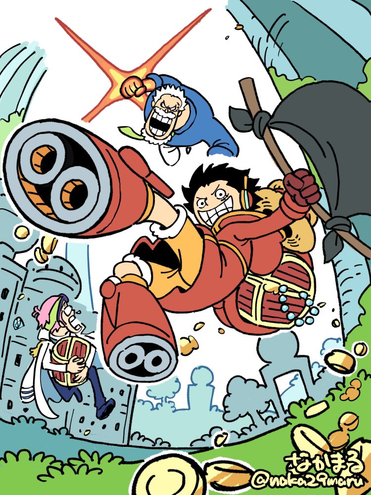 3boys beard black_hair blue_shirt boots coat coat_on_shoulders commentary_request facial_hair gloves grandfather_and_grandson headphones incoming_attack koby_(one_piece) male_focus monkey_d._garp monkey_d._luffy multiple_boys naka29maru one_piece orange_shorts pink_hair red_coat scar scar_on_face shirt short_hair shorts smile treasure_chest twitter_username white_hair