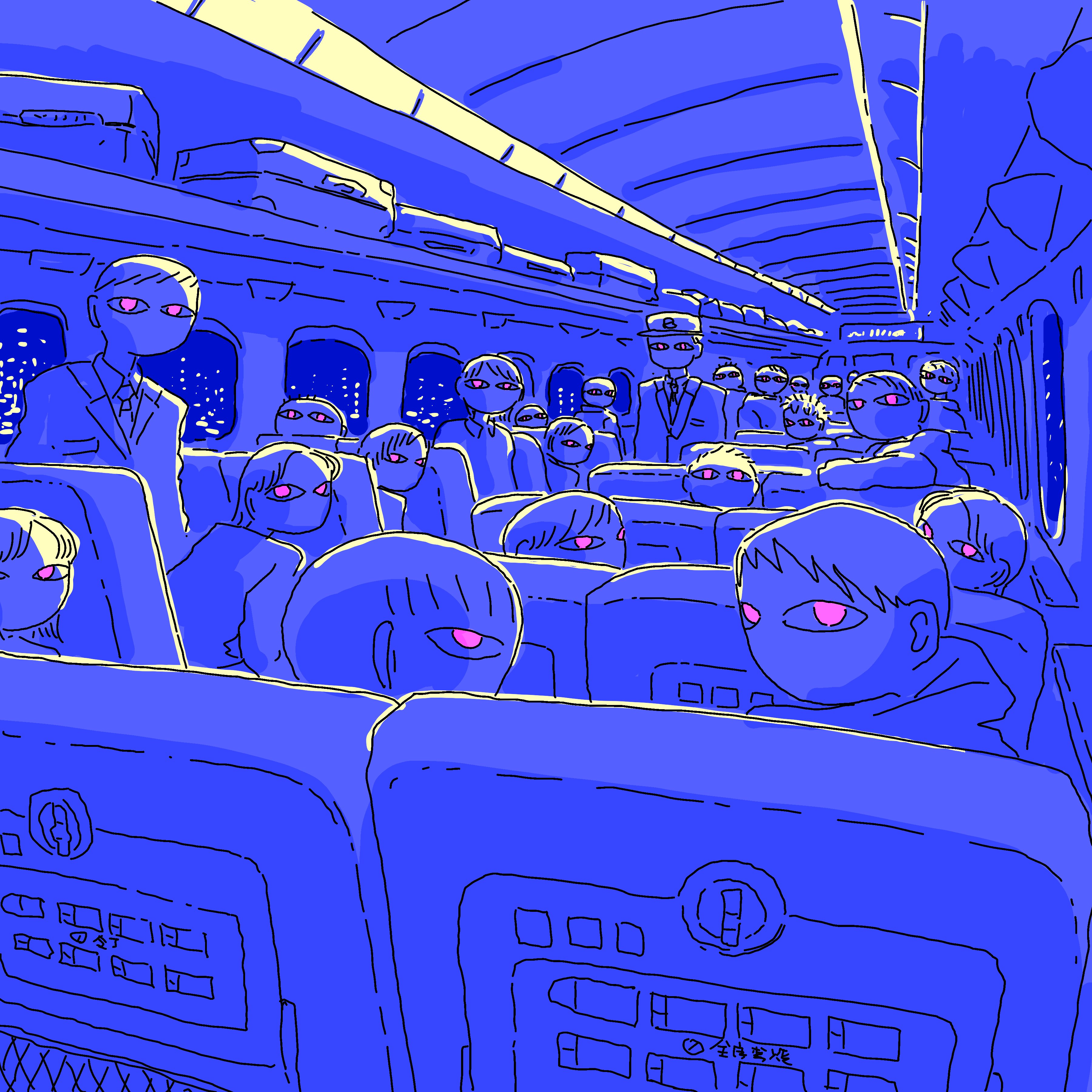 6+boys 6+girls absurdres airplane_interior flat_chest flight_attendant hat highres jacket limited_palette looking_at_viewer multiple_boys multiple_girls no_mouth no_nose original pink_eyes purple_theme ryaw short_hair suitcase travel_attendant window