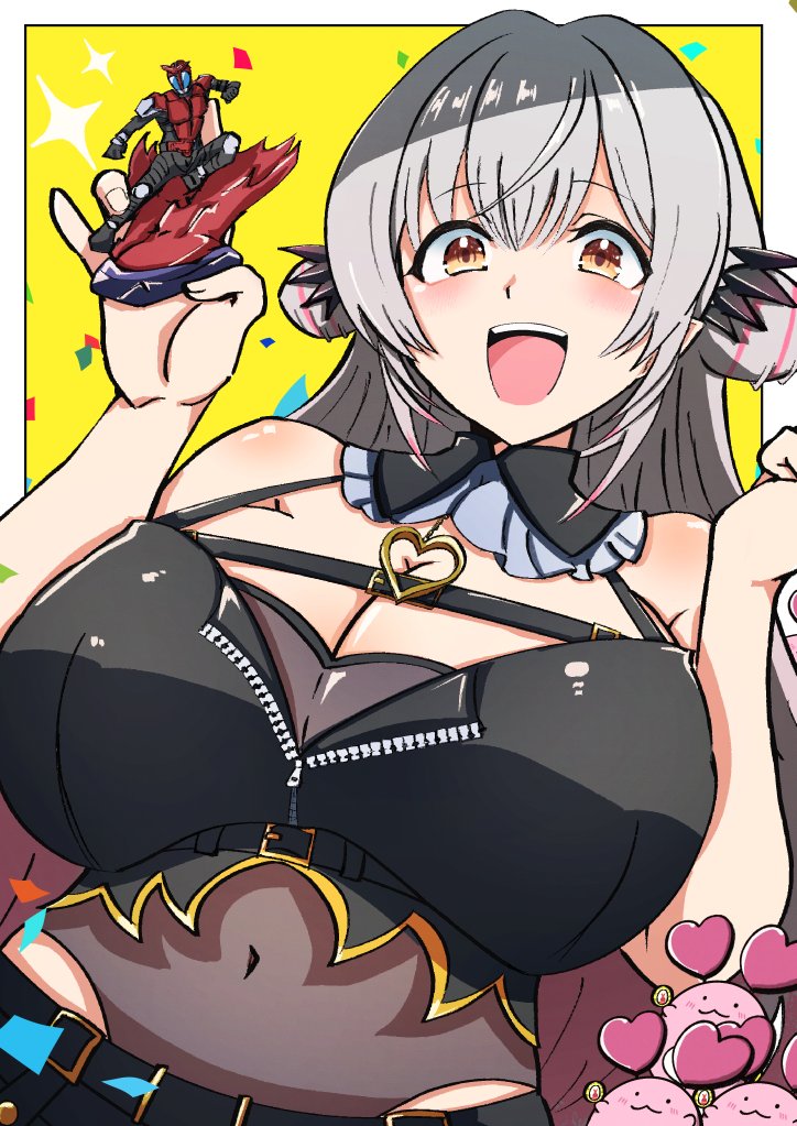 029skysky 1girl :d alternate_breast_size black_bustier black_collar black_skirt blue_background blush breasts bustier cleavage collar commentary covered_navel crop_top detached_collar double_bun figure frown gradient_hair grey_hair hair_bun holding_figure huge_breasts indie_virtual_youtuber kamen_rider kamen_rider_kabuto kamen_rider_kabuto_(series) kamen_rider_summonride kanikama_(suou_patra) leotard leotard_under_clothes long_hair multicolored_hair open_mouth orange_eyes pink_hair pointy_ears see-through_clothes see-through_leotard see-through_midriff side_up_bun skirt smile solo strapless strapless_leotard suou_patra suou_patra_(11th_costume) symbol-only_commentary teeth upper_body upper_teeth_only virtual_youtuber wavy_mouth