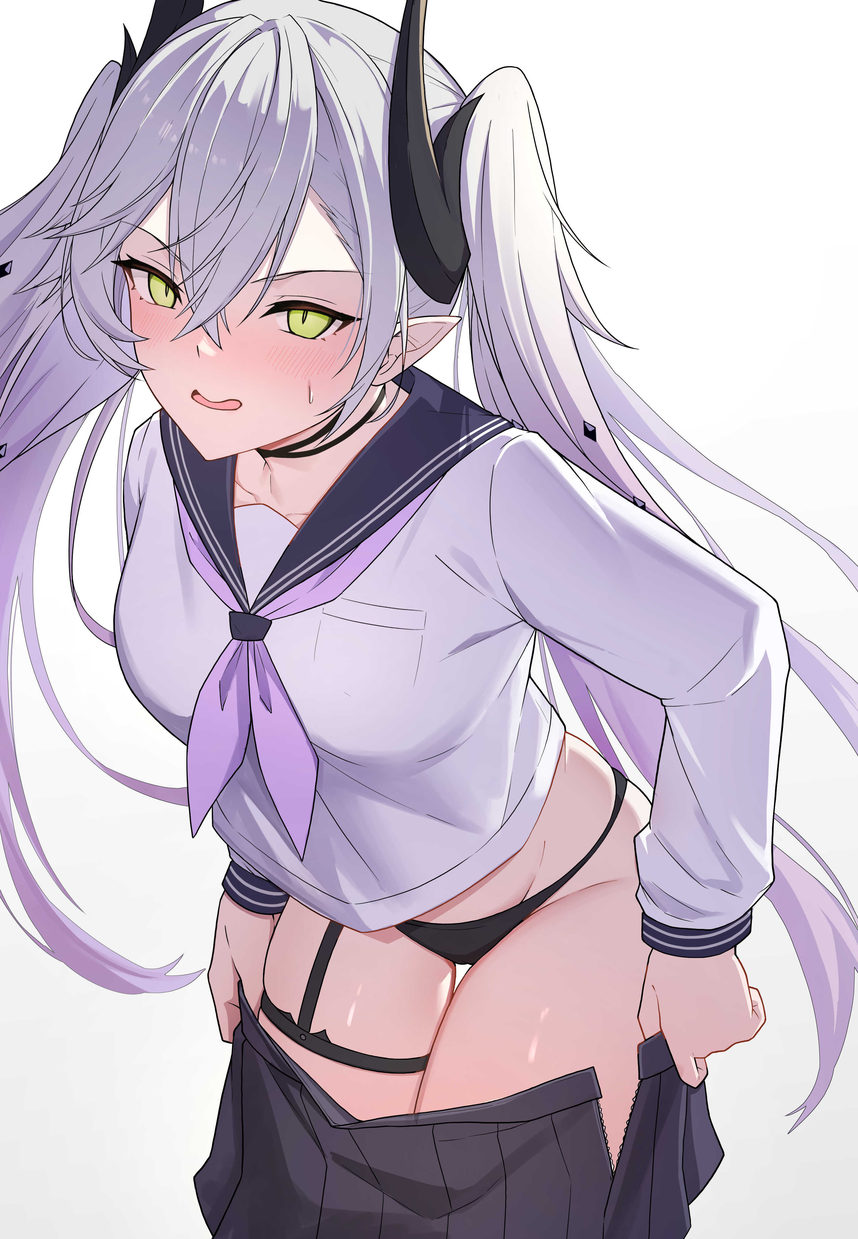1girl absurdres black_panties blush breasts fate/grand_order fate_(series) green_eyes grey_skirt highres horns lilith_(fate) long_hair looking_at_viewer natu_zame panties sailor_collar sailor_shirt school_uniform shirt skirt twintails underwear white_background white_hair white_shirt