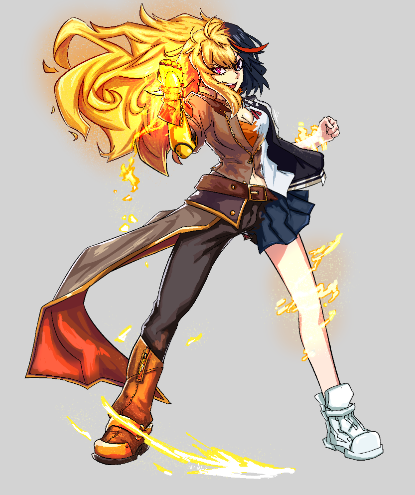 1girl asymmetrical_clothes belt black_pants blue_eyes blue_skirt boots breasts brown_belt brown_footwear brown_jacket cleavage clenched_hand commentary english_commentary fire full_body half-skirt heterochromia jacket kamuify kill_la_kill koshimizu_ami long_hair looking_at_viewer matoi_ryuuko mechanical_arms medium_breasts midriff_peek multicolored_hair navel orange_shirt pants pink_eyes rwby shirt shoes single_mechanical_arm single_pantsleg skirt sneakers solo split-color_hair streaked_hair transformation voice_actor_connection white_footwear yang_xiao_long