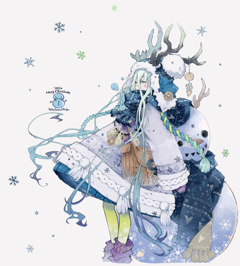 1girl antler_ornament antlers antlers_through_headwear bag beanie blue_hair blue_hat blue_scarf brown_bag copyright_name fate/grand_order fate_(series) gradient_hair hat horns kona_(konahana) long_hair louhi_(fate) louhi_(second_ascension)_(fate) merry_christmas mittens multicolored_hair pantyhose pom_pom_(clothes) pom_pom_beanie purple_mittens scarf simple_background snowflakes snowman solo sweater very_long_hair white_eyes white_hair white_sweater woollen_cap yellow_pantyhose