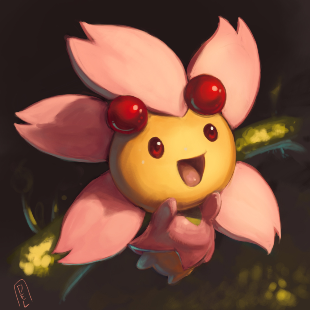 :d cherrim cherrim_(sunshine) commission creature delano-laramie full_body gen_4_pokemon happy nintendo no_humans open_mouth pokemon pokemon_(creature) red_eyes signature smile solo