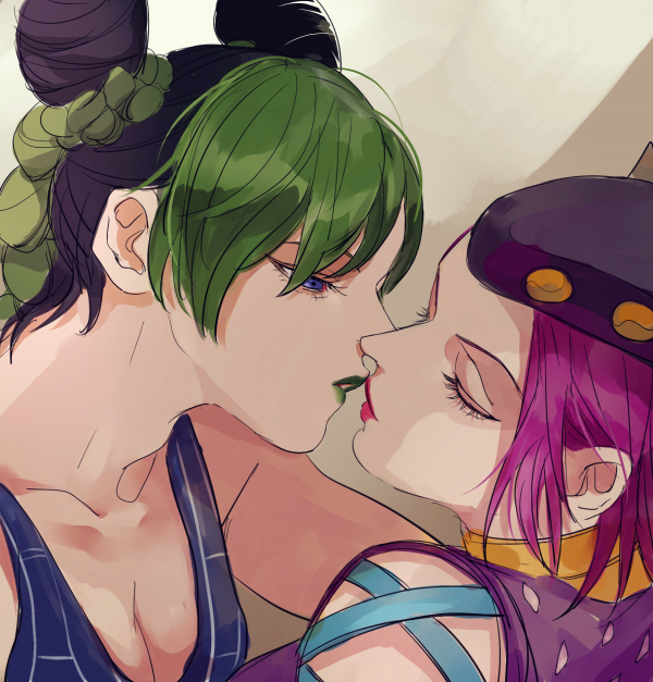 2girls bad_id bad_pixiv_id black_hair blue_eyes braid breasts cleavage cone_hair_bun double_bun eyebrows eyelashes closed_eyes genderswap genderswap_(mtf) green_hair green_lips hair_bun hat imminent_kiss jojo_no_kimyou_na_bouken kilva_lollop kuujou_jolyne lipstick makeup medium_breasts multicolored_hair multiple_girls narciso_anasui pink_hair red_lips short_hair two-tone_hair yuri