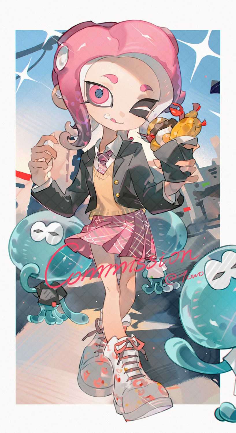 1girl ;q ankle_boots black_jacket boots border closed_mouth collared_shirt commentary commission eating english_commentary fingernails food food_on_face fried_egg full_body highres holding holding_food jacket jellyfish_(splatoon) long_sleeves looking_at_viewer medium_hair necktie nintendo octoling octoling_girl octoling_player_character one_eye_closed open_clothes open_jacket parted_bangs pink_eyes pink_hair pink_necktie pink_skirt pleated_skirt school_uniform sharp_fingernails shirt shrimp shrimp_tempura skirt smile solo splatoon_(series) standing sweater_vest tempura tentacle_hair tongue tongue_out towo_nita white_boots white_border white_shirt yellow_sweater_vest