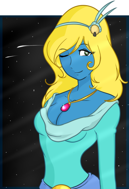 00s 1970s_(style) 1girl ;) alien alternate_costume blonde_hair blue_skin breasts cleavage collarbone colored_skin daft_punk dress eyelashes female_focus gown green_eyes hairband interstella_5555 jewelry long_hair narrow_waist necklace no_bra ocrystal oldschool one_eye_closed pendant retro_artstyle sash smile solo stella_(interstella_5555)