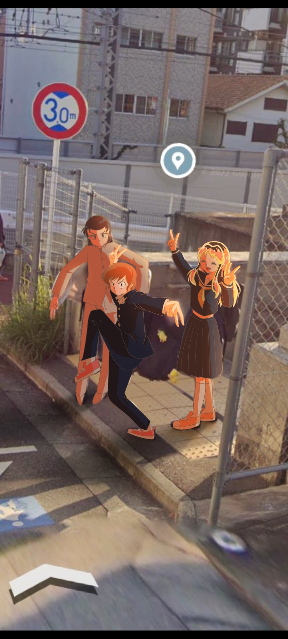 1girl 2boys ^_^ blue_jacket blue_pants blue_sailor_collar blue_serafuku blue_shirt blue_skirt closed_eyes day double_v fence full_body high_school_girls_posing_for_google_street_view_(meme) highres jacket kneehighs long_hair looking_at_viewer lum meme mendou_shuutarou moroboshi_ataru multiple_boys neckerchief open_mouth outdoors pants photo_background pleated_skirt ri_0068 road road_sign sailor_collar school_uniform serafuku shirt short_hair sign skirt socks standing standing_on_one_leg street urusei_yatsura v yellow_neckerchief