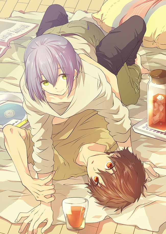 2boys bed_sheet book boy_on_top brown_hair cd drink floor full_body glass green_eyes high_speed! kirishima_natsuya looking_at_viewer male_focus memeo_(candy_house) multiple_boys pillow purple_hair red_eyes serizawa_nao short_hair smile undressing yaoi