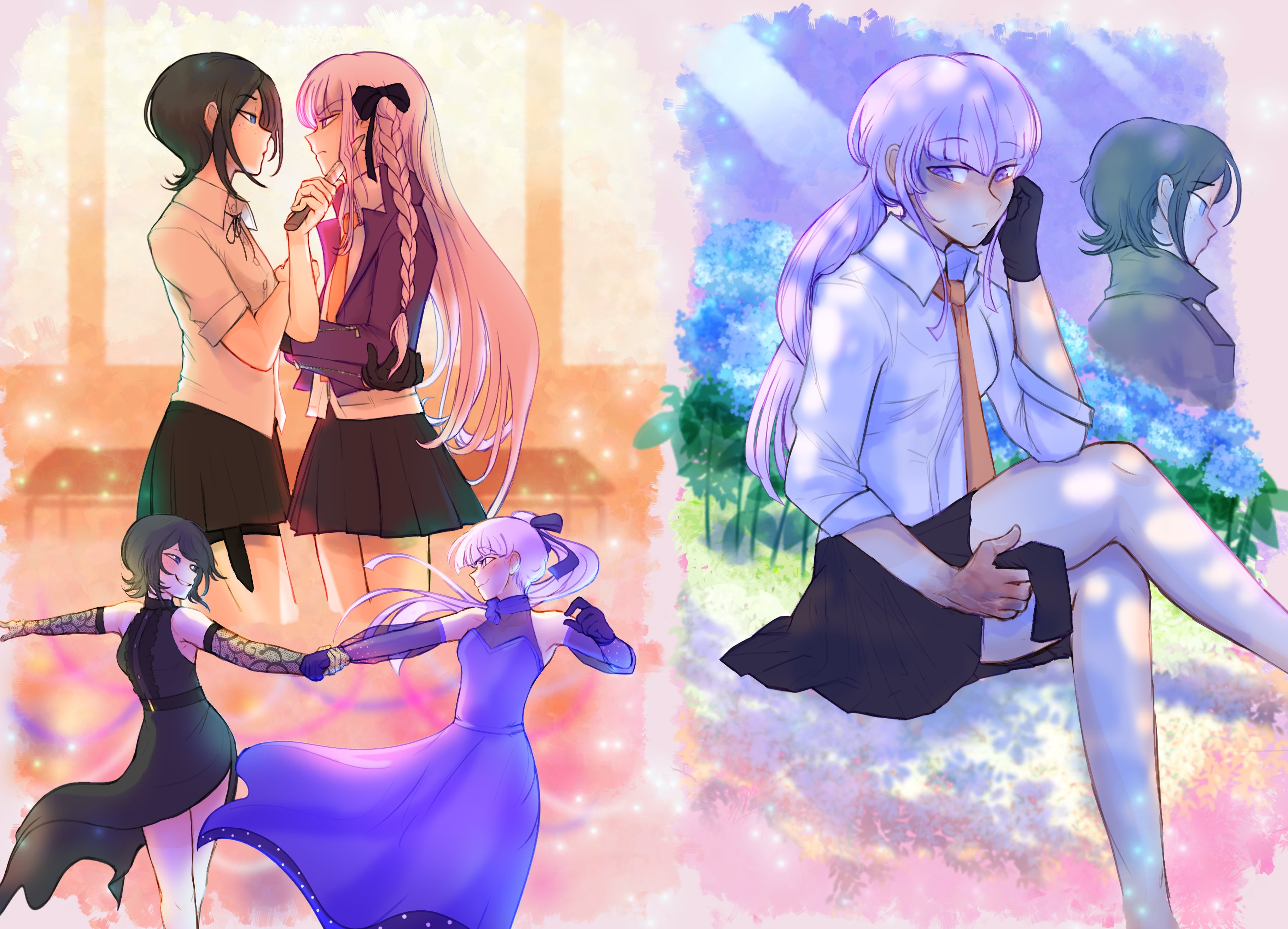 2girls absurdres alternate_costume alternate_hairstyle black_bow black_bowtie black_dress black_gloves black_hair black_skirt blue_eyes bow bowtie dancing danganronpa:_trigger_happy_havoc danganronpa_(series) danganronpa_10th_anniversary_costume danganronpa_3_(anime) dress elbow_gloves gloves grey_jacket hair_ornament highres holding_hands ikusaba_mukuro jacket kirigiri_kyoko multiple_girls multiple_views necktie official_alternate_costume official_alternate_hairstyle orange_necktie purple_dress purple_eyes purple_jacket school_uniform short_hair skirt twinklelitchii