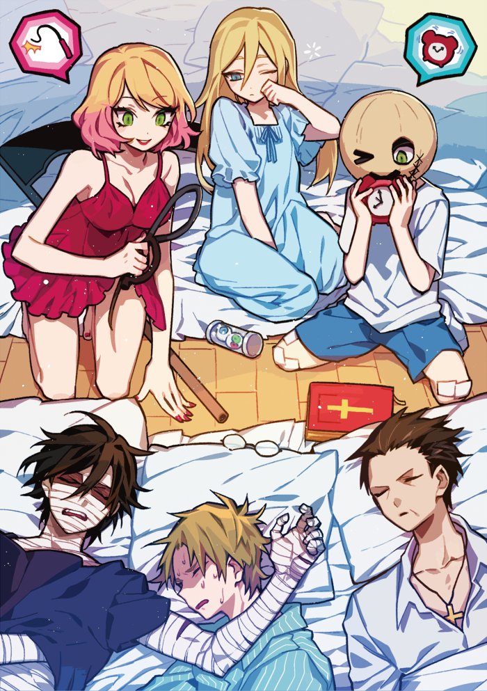&gt;_o 2girls 4boys abraham_gray_(satsuriku_no_tenshi) alarm_clock alternate_costume arm_rest babydoll bag_over_head bandage_on_face bandaged_arm bandaged_hand bandaged_head bandaged_torso bandages bandaid bandaid_on_knee bandaid_on_leg barefoot basketweave between_legs biting black_hair blanket blonde_hair blue_eyes blue_pajamas blue_pants blue_ribbon blue_shirt blue_shorts bob_cut book brown_hair cathy_(satsuriku_no_tenshi) clock closed_eyes closed_mouth collarbone collared_shirt cross cross_necklace danny_(satsuriku_no_tenshi) dorae_(wlddj715) double-parted_bangs eddie_(satsuriku_no_tenshi) eyeball full_body furrowed_brow gauze glasses hair_between_eyes hair_slicked_back hand_between_legs hand_under_clothes hand_under_shirt holding holding_alarm_clock holding_whip isaac_foster jewelry kneeling lipstick long_hair looking_at_another lying makeup mask mattress multicolored_hair multiple_boys multiple_girls nail_polish neck_ribbon necklace on_back on_side one_eye_closed open_collar open_mouth pajamas pants parted_bangs parted_lips pillow pink_hair puffy_short_sleeves puffy_sleeves rachel_gardner red_babydoll red_nails ribbon rubbing_eyes satsuriku_no_tenshi scythe shirt short_sleeves shorts sitting sleeping sleepover sleepwear smile spaghetti_strap speech_bubble striped_clothes striped_pajamas sweat swept_bangs t-shirt teeth toenail_polish toenails tube two-tone_hair under_covers unworn_eyewear upper_body upper_teeth_only waking_up white_shirt wooden_floor wrinkled_skin yokozuwari