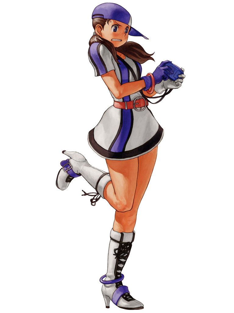 1girl ai_(snk) baseball_cap baseball_uniform blue_eyes boots brown_hair dress gloves hat high_heels knee_boots neo_geo_battle_coliseum neo_geo_pocket_color official_art ogura_eisuke playing_games shoes short_twintails snk solo sportswear standing standing_on_one_leg twintails