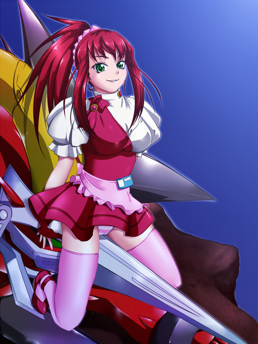 00s 1girl :3 bad_id bad_pixiv_id between_legs breasts bulge dress female_focus full_body gradient_background green_eyes highres ichirou large_breasts legs long_hair mecha my-hime name_tag panties pantyshot pleated_skirt ponytail red_hair robot scrunchie skindentation skirt smile solo striped_clothes striped_panties sugiura_midori thighhighs underwear waitress zettai_ryouiki