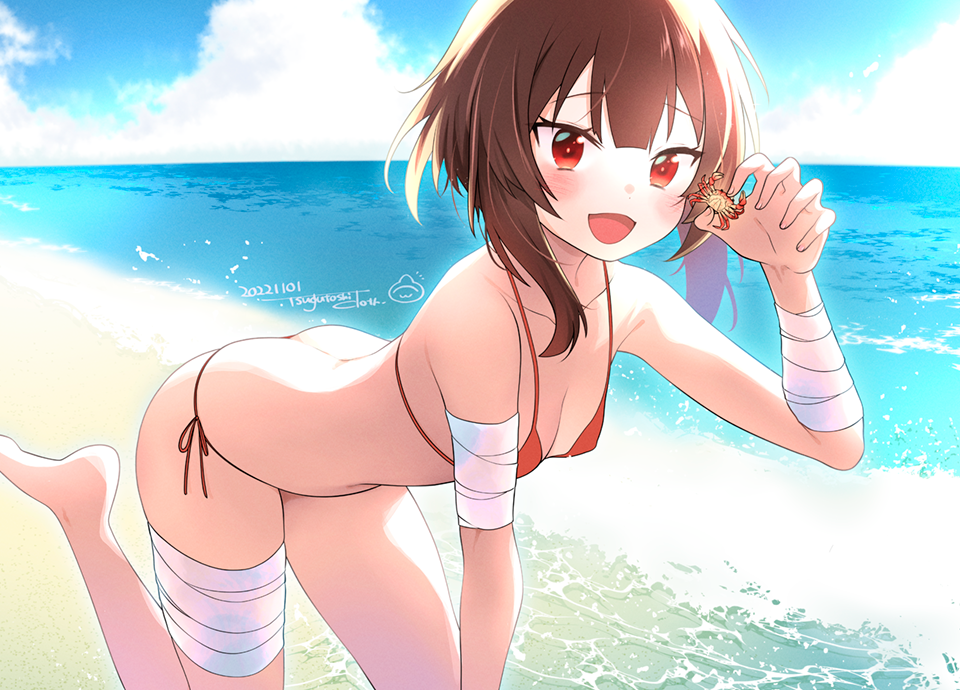 1girl 2022 all_fours artist_name ass bandaged_arm bandaged_leg bandages barefoot beach bikini blue_sky blush breasts brown_hair butt_crack cloud crab dated holding kono_subarashii_sekai_ni_shukufuku_wo! kurosu_tsugutoshi looking_at_viewer megumin ocean open_mouth red_bikini sand short_hair short_hair_with_long_locks side-tie_bikini_bottom sky small_breasts smile solo swimsuit water