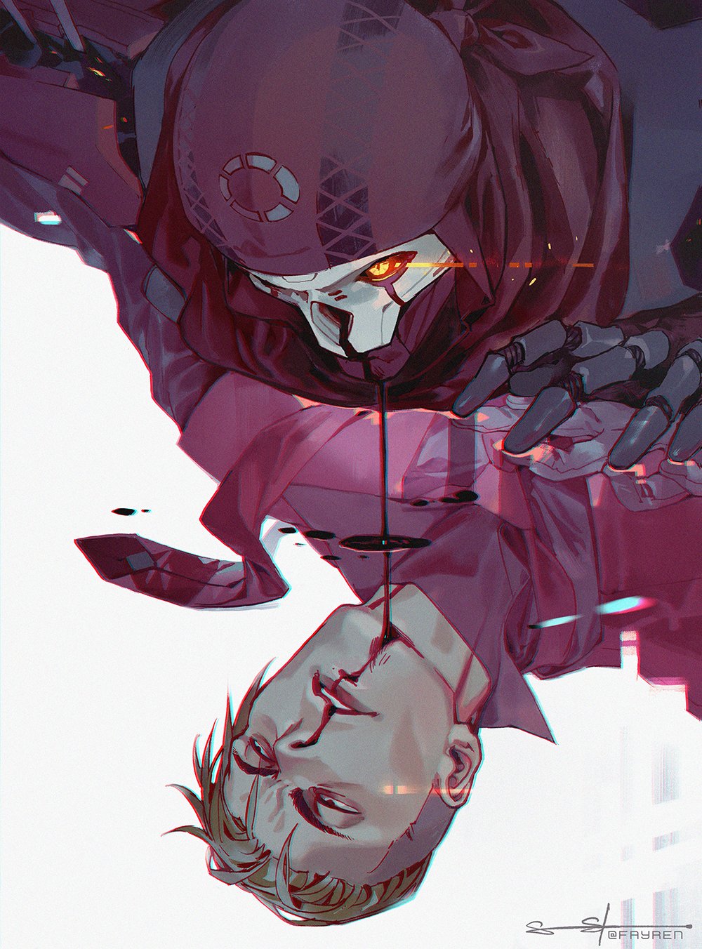 2boys apex_legends bandana black_eyes blonde_hair blood classic_revenant commentary different_reflection english_commentary glowing glowing_eye highres humanoid_robot kaleb_cross looking_ahead looking_up male_focus multiple_boys necktie nosebleed open_hand red_bandana red_neckwear reflection revenant_(apex_legends) robot sarah_stone science_fiction signature simulacrum_(titanfall) spoilers v-shaped_eyebrows yellow_eyes