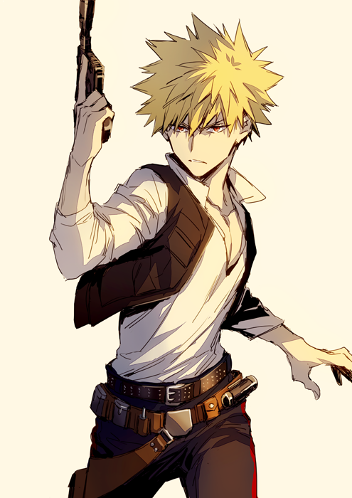 1boy bakugou_katsuki belt blaster_(star_wars) blonde_hair boku_no_hero_academia cosplay crossover han_solo_(cosplay) hegi male_focus star_wars tagme weapon