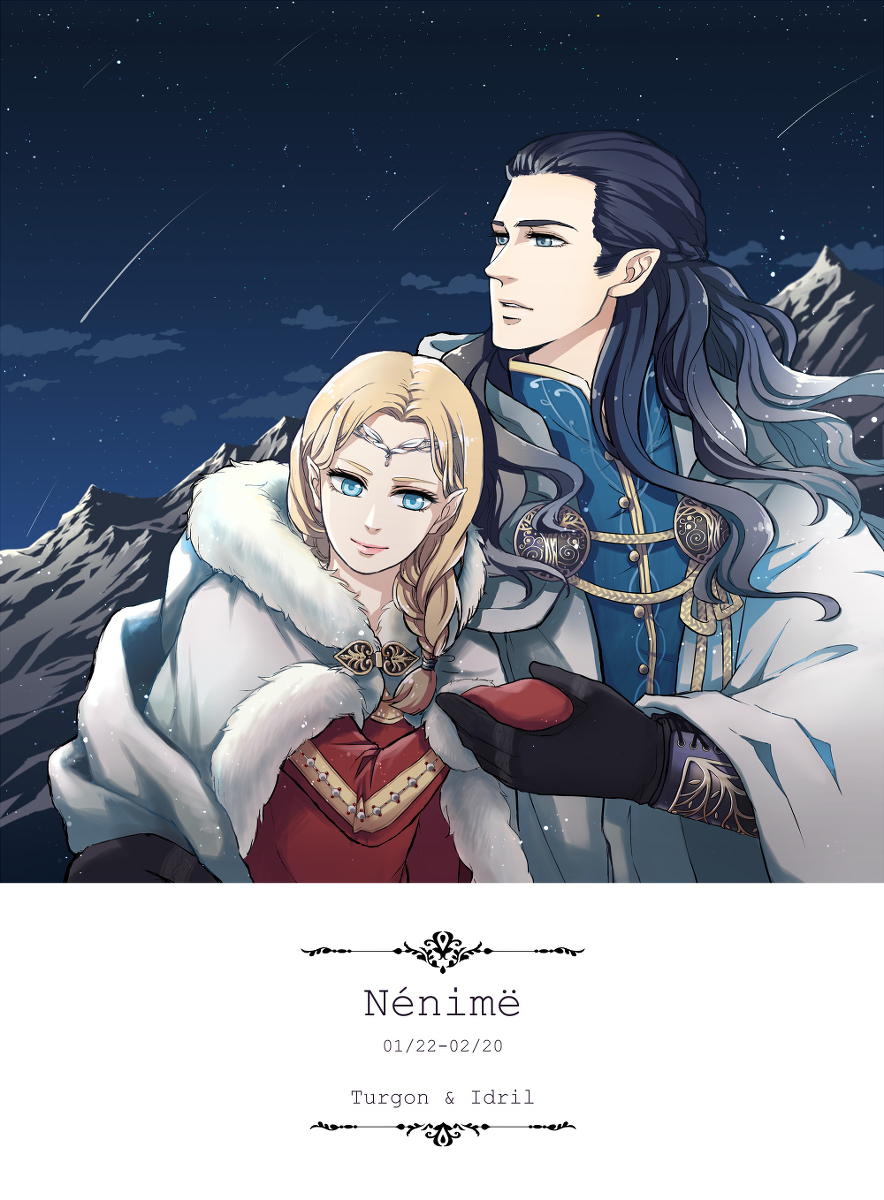 1boy 1girl artist_name black_hair blonde_hair blue_eyes braid character_name cloak closed_mouth cloud collar dated elf eyelashes falling_star father_and_daughter fur_cloak fur_trim height_difference highres holding_hands idril_celebrindal looking_down looking_to_the_side mittens mountain night outdoors parted_lips pointy_ears sky star_(sky) starry_sky teeth the_silmarillion tiara tolkien&#039;s_legendarium tressia turgon winter_clothes