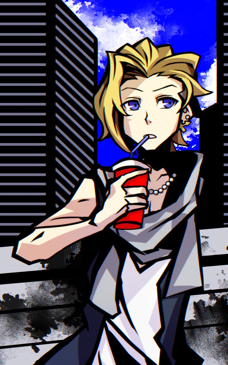 1boy black_vest blue_eyes blue_sky brown_hair city cloud drink drinking_straw furesawa_tosai grey_scarf highres holding holding_drink jewelry leaning_back male_focus necklace outdoors pearl_necklace scarf shin_subarashiki_kono_sekai shirt sky solo solo_focus subarashiki_kono_sekai undercut upper_body vest white_shirt