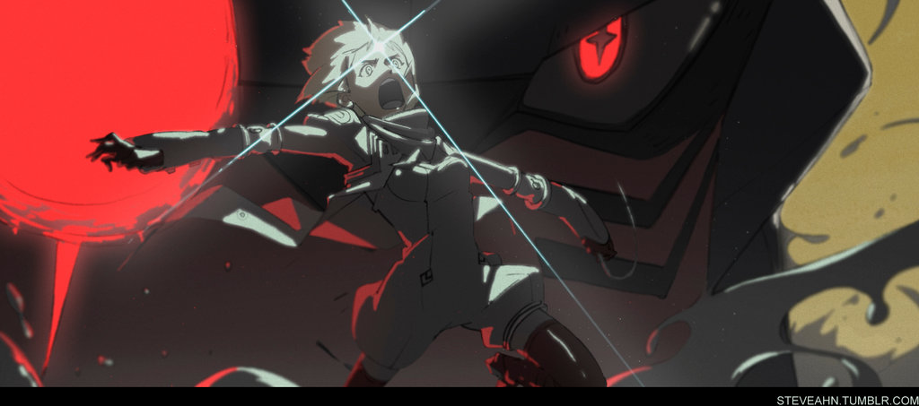 00s 1girl artist_name dix-neuf glowing glowing_eyes lal&#039;c_mellk_mal lens_flare looking_at_viewer mecha open_mouth robot romper scarf short_hair shouting smoke steve_ahn thighhighs top_wo_nerae!_(series) top_wo_nerae_2! watermark web_address