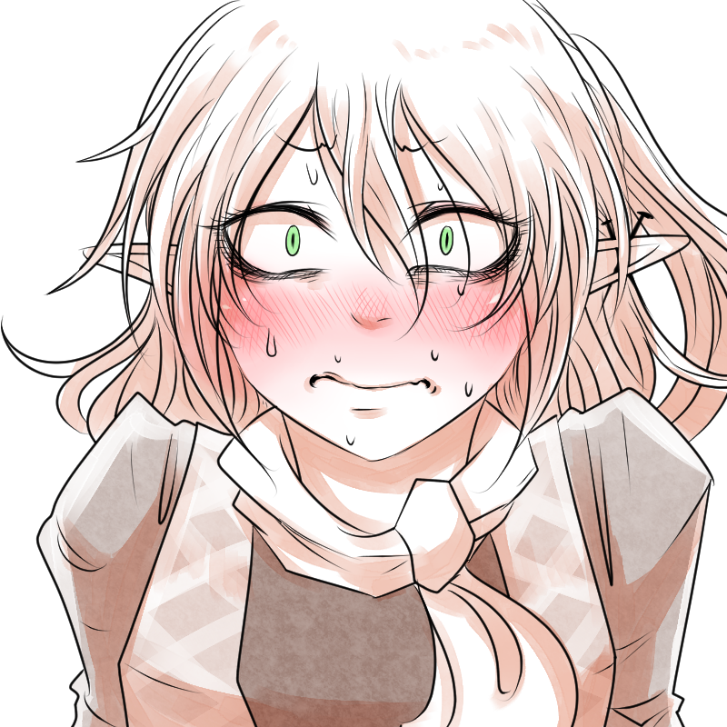 1girl bags_under_eyes blonde_hair blush brown_shirt closed_mouth commentary_request constricted_pupils embarrassed green_eyes looking_at_viewer mizuhashi_parsee nail_(hardware) nose_blush pointy_ears scarf sei_no_ji shirt short_hair simple_background solo spiked_ear_piercing touhou upper_body v-shaped_eyebrows white_background white_scarf