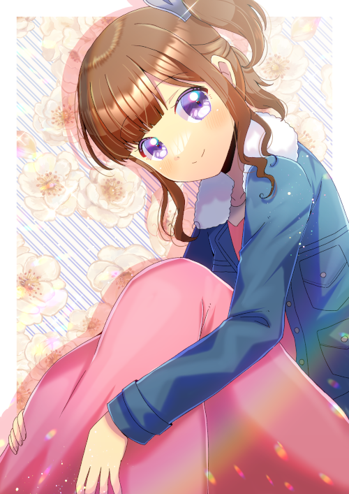 1girl audience_girl_(symphogear) blue_jacket brown_hair closed_mouth commentary_request commission denim denim_jacket dress feet_out_of_frame floral_background flower fur-trimmed_jacket fur_trim jacket knees_up kou_hiyoyo long_sleeves looking_at_viewer one_side_up open_clothes open_jacket pink_dress purple_eyes senki_zesshou_symphogear sitting skeb_commission smile solo striped_background white_flower