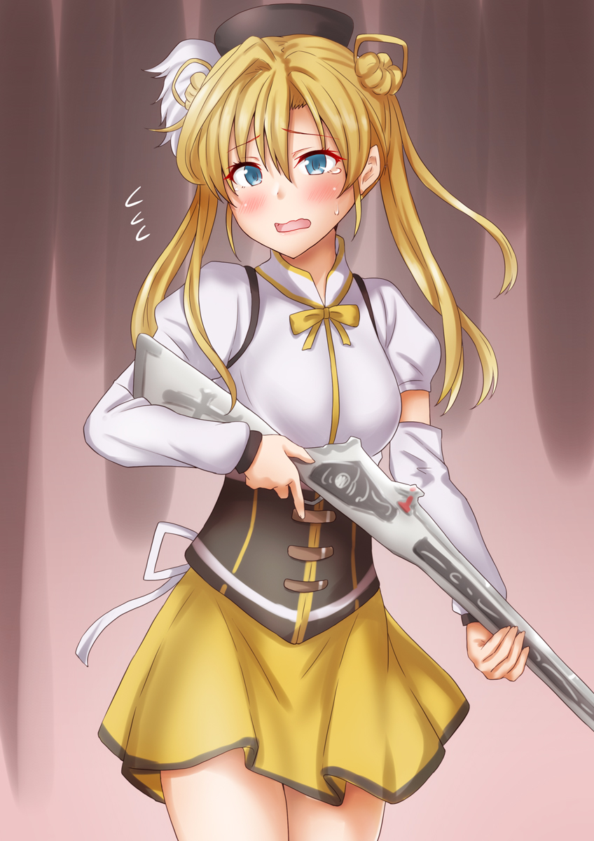1girl abukuma_(kancolle) alternate_costume anti_(untea9) beret blonde_hair blue_eyes blush breasts corset cosplay cowboy_shot double_bun gradient_background gun hair_between_eyes hair_bun hair_rings hat highres kantai_collection long_hair long_sleeves looking_at_viewer magical_girl magical_musket mahou_shoujo_madoka_magica mahou_shoujo_madoka_magica_(anime) open_mouth pink_background shirt skirt small_breasts solo tears tomoe_mami tomoe_mami_(cosplay) tomoe_mami_(magical_girl) twitter_username weapon white_shirt yellow_skirt