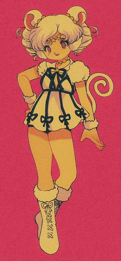 animal_ears bishoujo_senshi_sailor_moon bishoujo_senshi_sailor_moon_stars boots circlet commentary_request dress drill_hair film_grain full_body fur-trimmed_boots fur_trim jewelry looking_at_viewer mouse_ears mouse_girl mouse_tail necklace pikurusu purple_eyes ribbon-trimmed_dress ribbon_trim sailor_iron_mouse short_hair solo star_(symbol) tail twin_drills twintails white_dress white_hair wrist_cuffs